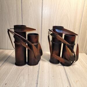 Vtg Metal/Iron Bamboo Candle Holders Tea Lights Brutalist Copper Look